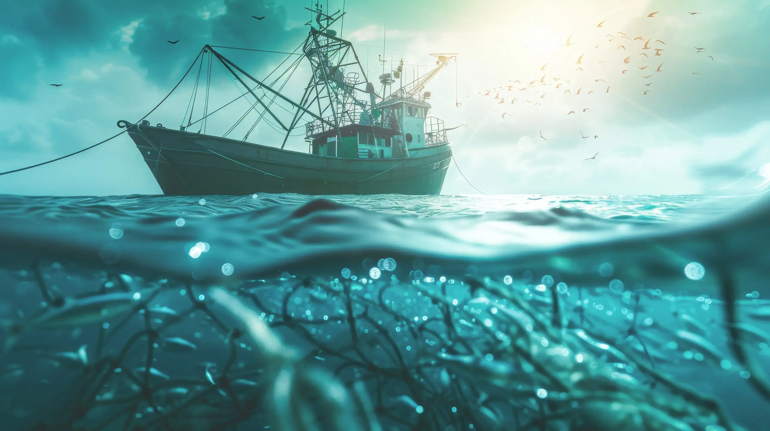 Sustainable fishing and antipoaching measures sustainable fishing side view Addressing illegal fishing with innovative solutions futuristic tone Tetradic color scheme